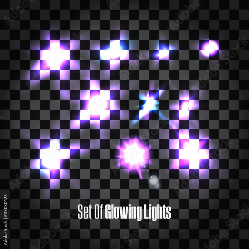 Set Of Glowing Lights Effects Isolated On Transparent Background. Glowing Lights  Lens Flares  Rays  Stars  Sparkles And Bokeh. Vector Illustration