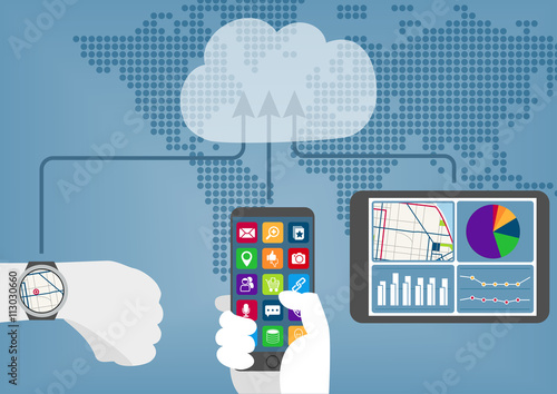 Cloud computing concept with connected mobile devices synchronizing data to the cloud.