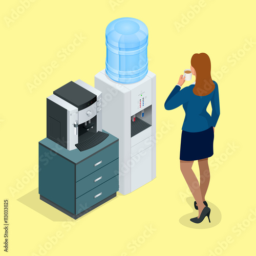 Illustration with young woman with coffee cup, coffee machine and Water cooler. Flat 3d vector isometric concept.