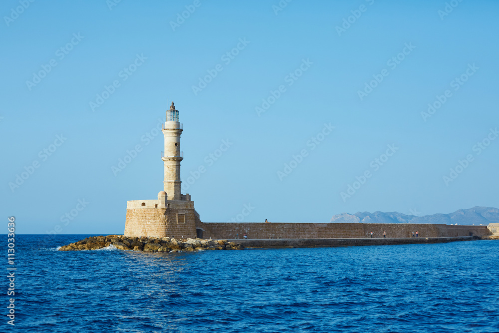 bay of Chania with lighthouse at sunny summer day, Crete, Greece