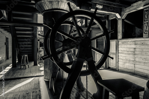 Interior of old pirate ship. Black and white image