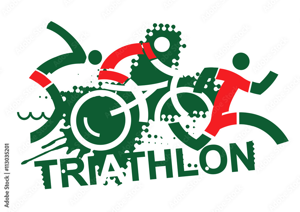 Fototapeta premium Triathlon race. Three triathlon athletes on the grunge background with inscription triathlon. Vector available. 