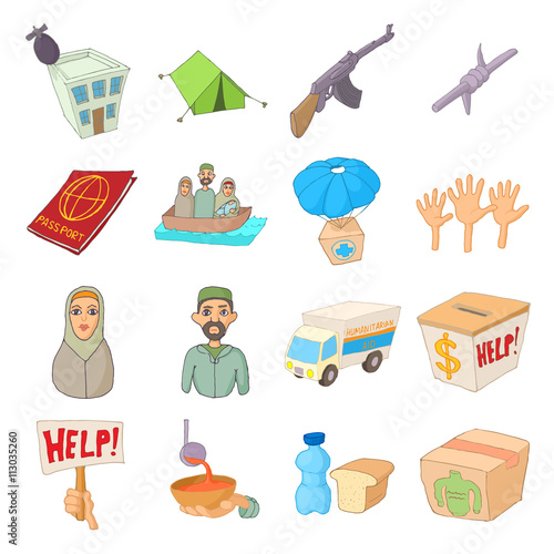 Refugees icons set, cartoon style