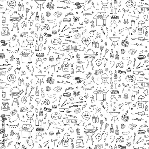 Seamless background hand drawn doodle BBQ party icons set Vector illustration summer barbecue symbols collection Cartoon various meals, drinks, ingredients and decoration elements on white background