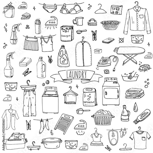 Hand drawn doodle Laundry set Vector illustration washing icons Laundry concept elements Cleaning business symbols collection Housework Equipment and facilities for washing, drying and ironing clothes