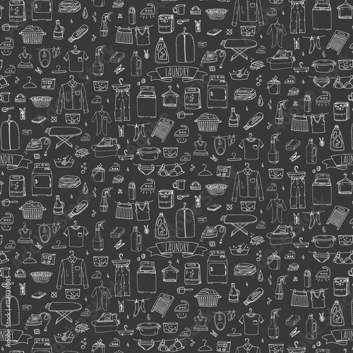 Seamless background hand drawn doodle Laundry set Vector illustration washing icons Laundry concept elements Cleaning business symbols Equipment and facilities for washing, drying and ironing clothes