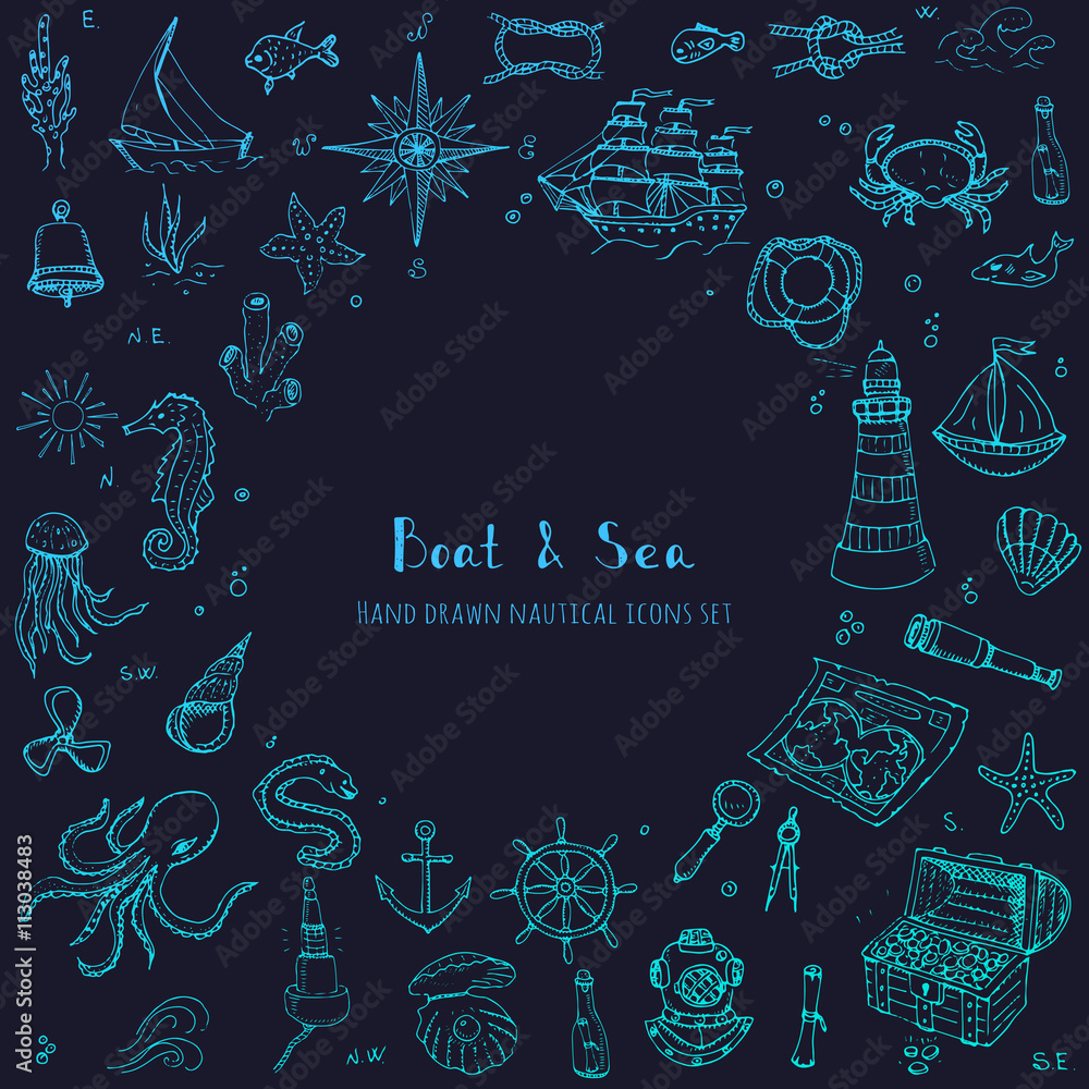 Hand drawn doodle Boat and Sea set Vector illustration boat icons sea ...