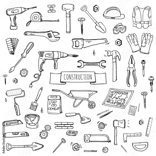 Hand drawn doodle Construction tools set Vector illustration building icons House repair icons concept collection Modern sketch style labels of house remodel gear elements and symbols Home repair tool