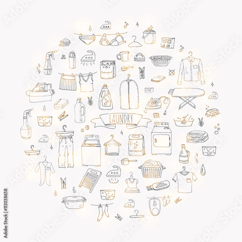 Hand drawn doodle Laundry set Vector illustration washing icons Laundry concept elements Cleaning business symbols collection Housework Equipment and facilities for washing, drying and ironing clothes