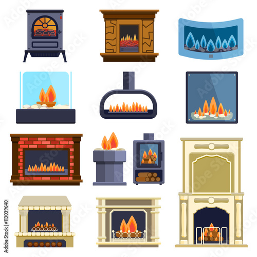 Set of vector fireplace icons.