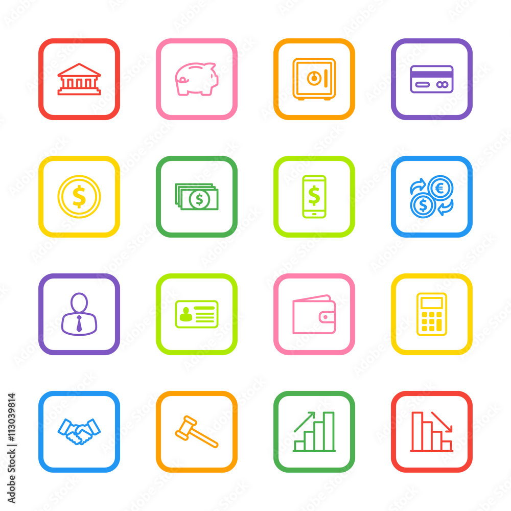 colorful line business commercial and finance icon set with rounded rectangle frame for web design, user interface (UI), infographic and mobile application (apps) colorful line business commercial and finance icon set with rounded rectangle frame for web design, user interface (UI), infographic and mobile application (apps)