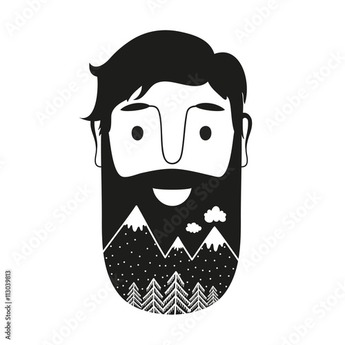 Vector hand drawn style typography poster. Man with clouds, mountains and trees inside the beard. photo