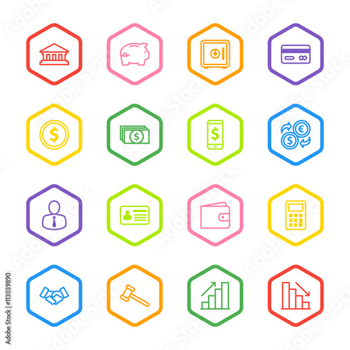 colorful line business commercial and finance icon set with hexagon frame for web design, user interface (UI), infographic and mobile application (apps)