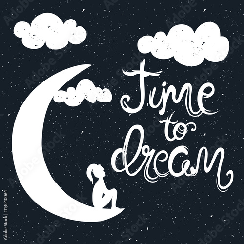 Vector typography poster with girl silhouette sitting on the Moon.