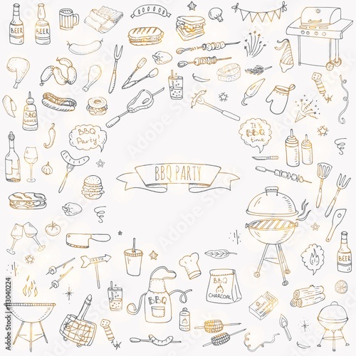 Hand drawn doodle BBQ party icons set Vector illustration summer barbecue symbols collection Cartoon various meals, drinks, ingredients and decoration elements on white background Sketch
