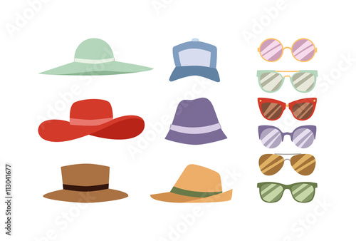 Summer hats and sunglasses vector set.