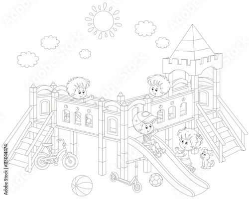 little children playing on a playground on a sunny summer day