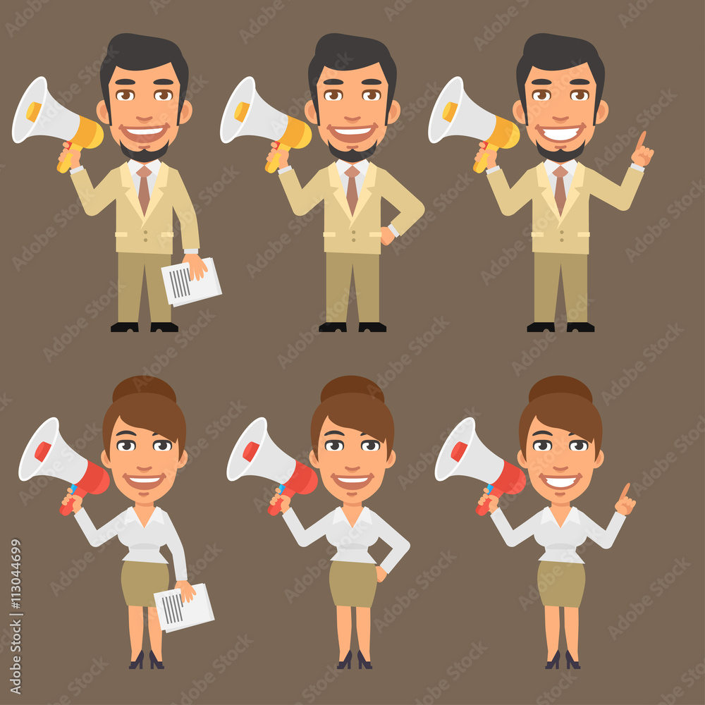 Businessman and Businesswoman Holding Megaphone