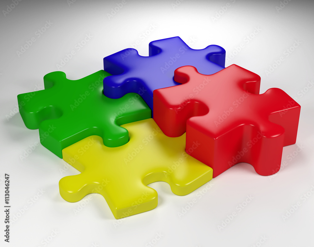 four interlocking puzzle pieces in shades of red, blue, green and yellow on a white surface (3d illustration) four interlocking puzzle pieces in shades of red, blue, green and yellow on a white surface (3d illustration)