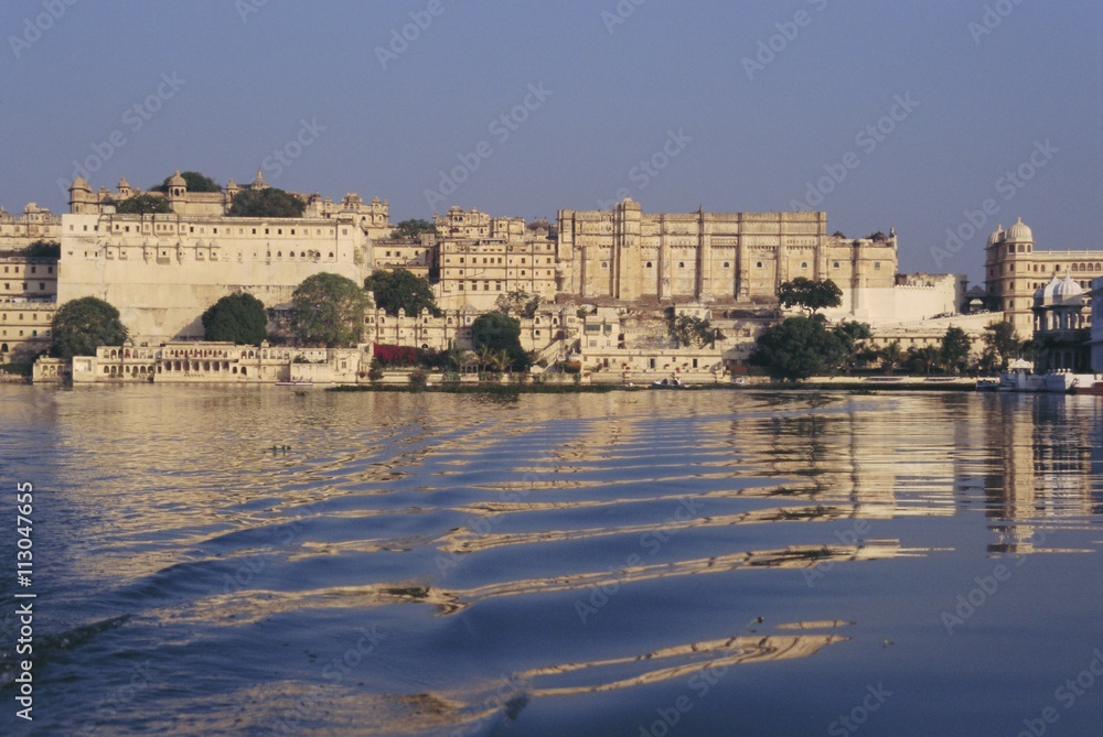 View of the City Palace from Lake Pichola, Udaipur, Rajasthan State View of the City Palace from Lake Pichola, Udaipur, Rajasthan State
