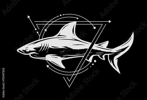 Shark on background of geometric elements.