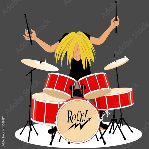 Rock and roll musician playing drums, vector cartoon, no transparencies  