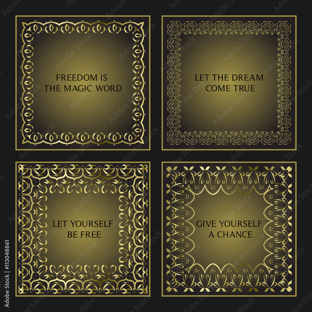 Naklejka premium Set of four decorative calligraphic frames. Collection of square design templates. Golden outline decor.Mono line vector illustration.