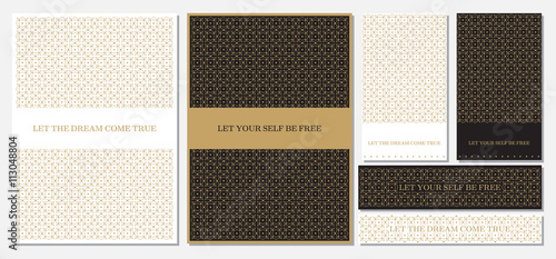 Collection of A4 size templates, business cards and banner in black and white colors with golden geometric decoration.Corporate design set.