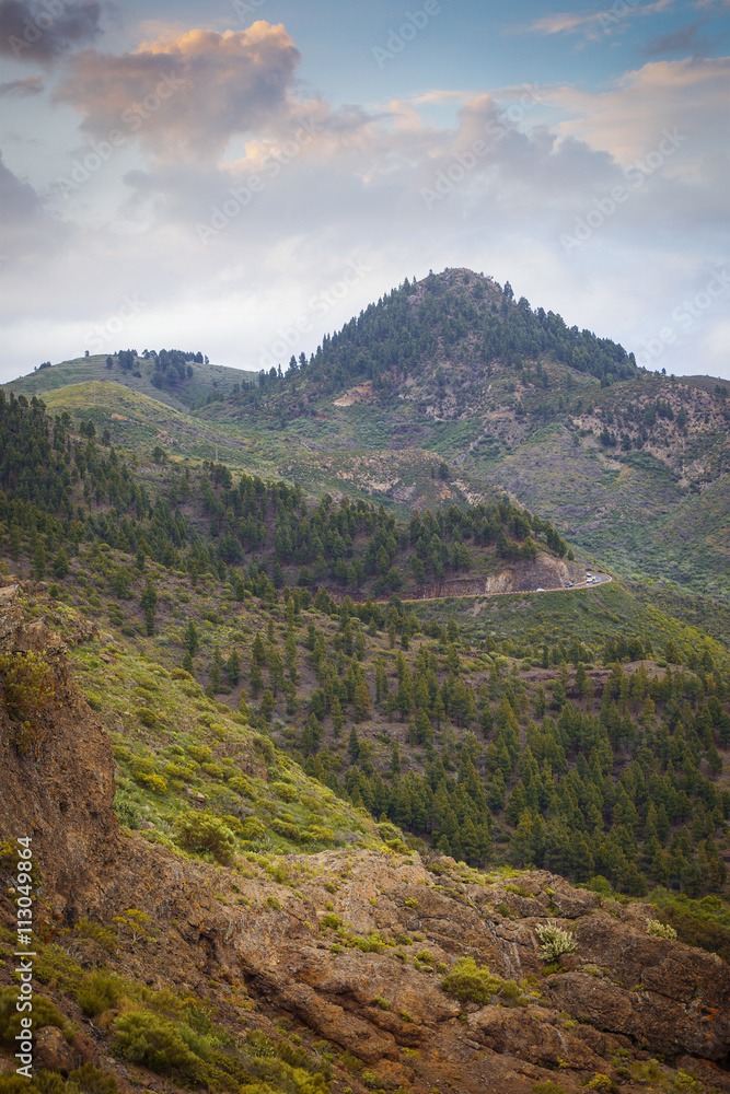 Naklejka premium View of Masca village with palms and mountains