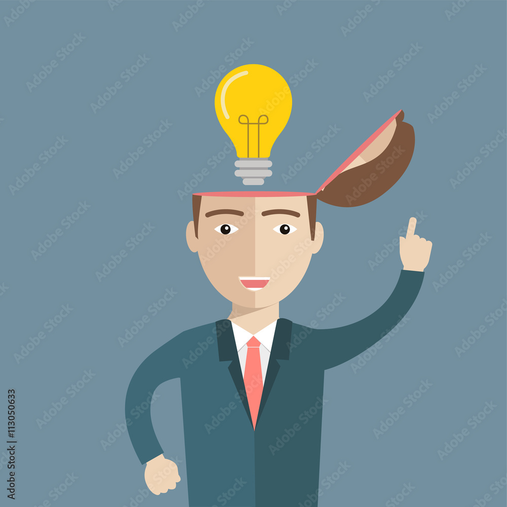 Big idea concept with man and lightbulb. Symbol of having an idea with businessman pointing at light bulb Big idea concept with man and lightbulb. Symbol of having an idea with businessman pointing at light bulb