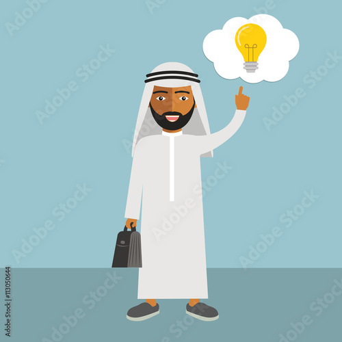 Big idea concept with saudi arab man and lightbulb. Symbol of having an idea with saudi arab businessman pointing at light bulb