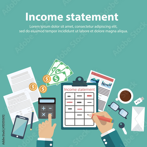 Invoice. Financial calculations. Working process. businessman hands, calculator, financial reports, money, coins, pen, coffee cup. Top view. vector illustration in flat design on green background