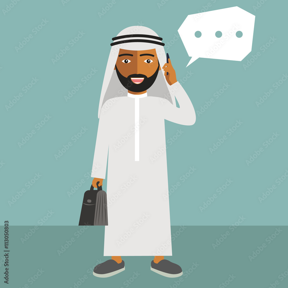Arab Businessman or manager. Man in a suit talking on a cell phone with bubble Arab Businessman or manager. Man in a suit talking on a cell phone with bubble