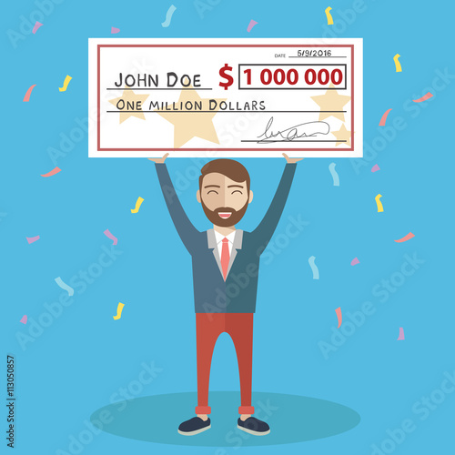 Man holding winning check for one million dollars. Lottery and rich, lucky smile, cheque and money. Vector illustration