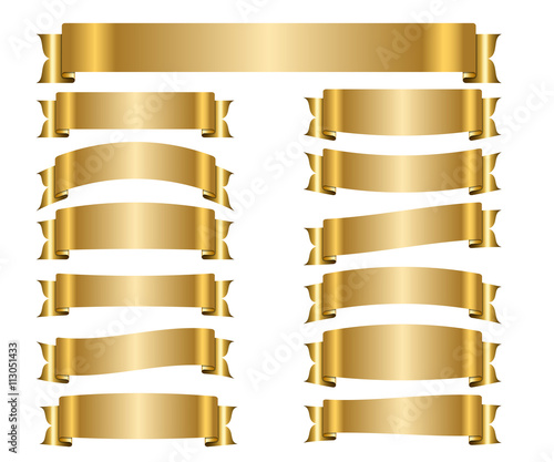 Ribbon gold banners set. Sign golden satin blank for promotion, web, advertising text. Collection shiny scrolls design decoration elements. Symbol vintage label, isolated on white. Vector illustration