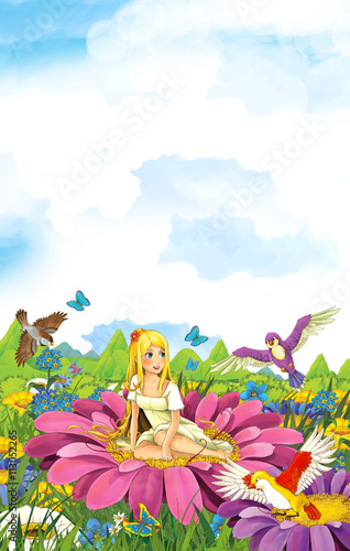 Cartoon scene of a elf princes or elf queen sitting on the meadow - illustration for children