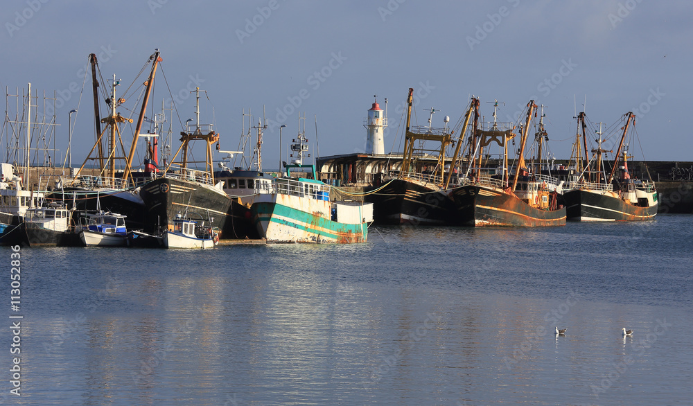 Fishing trawlers in the harbour at Newlyn, Cornwall, England, UK.