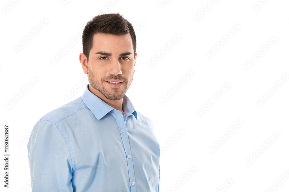 Portrait junger Geschäftsmann. Isolierter Business Mann in Hemd blau. Portrait junger Geschäftsmann. Isolierter Business Mann in Hemd blau.