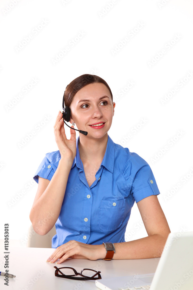 Side view of a beautiful consultant with microphone and headphone Side view of a beautiful consultant with microphone and headphone