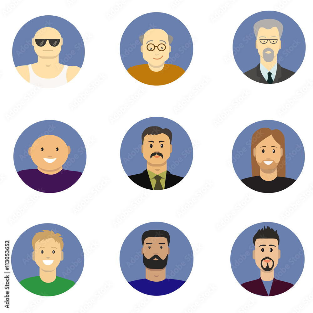 Men avatar icons vector set. People characters in flat style. Design elements isolated on background. Faces with different styles Men avatar icons vector set. People characters in flat style. Design elements isolated on background. Faces with different styles
