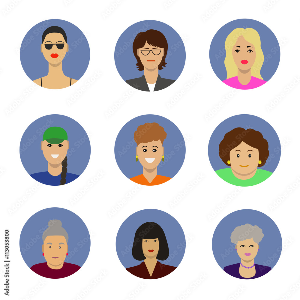 Female avatar icons vector set. People characters in flat style. Design elements isolated on background. Faces with different styles Female avatar icons vector set. People characters in flat style. Design elements isolated on background. Faces with different styles