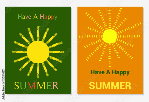 Vector set of design templates with sun in grungy style, varicolored leaflets and frames, collection of colorful pages for gift card, cover, book, printing.Have A Happy Summer Illustration.
