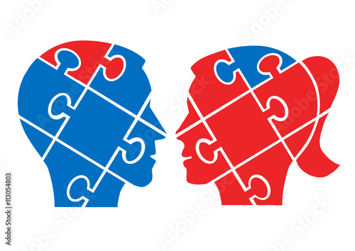 Man woman understanding concept.
Two Puzzle heads silhouettes symbolizing understanding between man and woman. Vector available.
