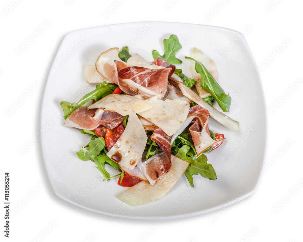 Salad: Arugula, Parmesan cheese and Parma ham. On a white plate isolated on white background