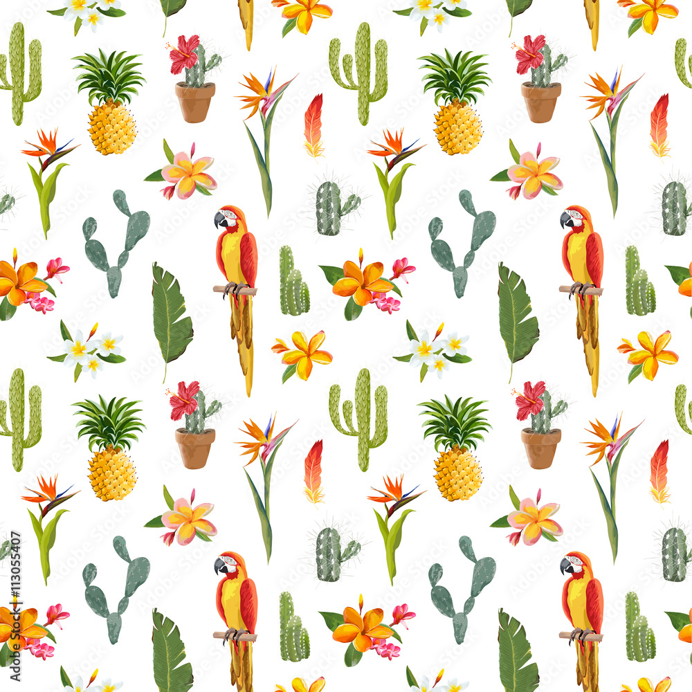 Fototapeta premium Tropical Background. Parrot Bird. Cactus Background. Tropical Flowers