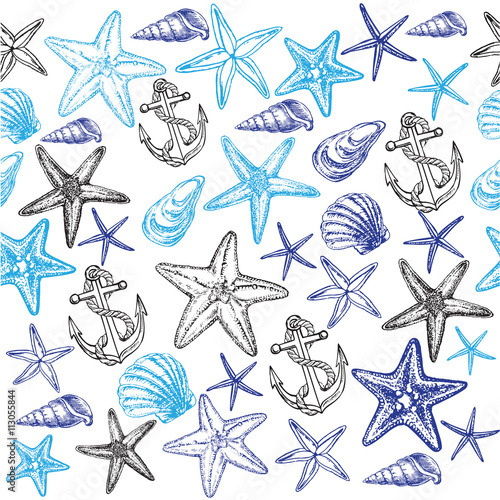 starfish and seashells seamless pattern