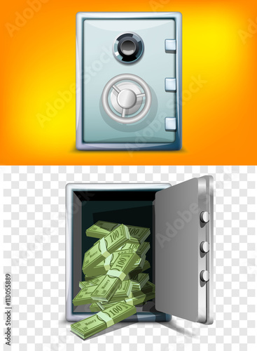 open and closed safe on a yellow background. Vector bank illustration
