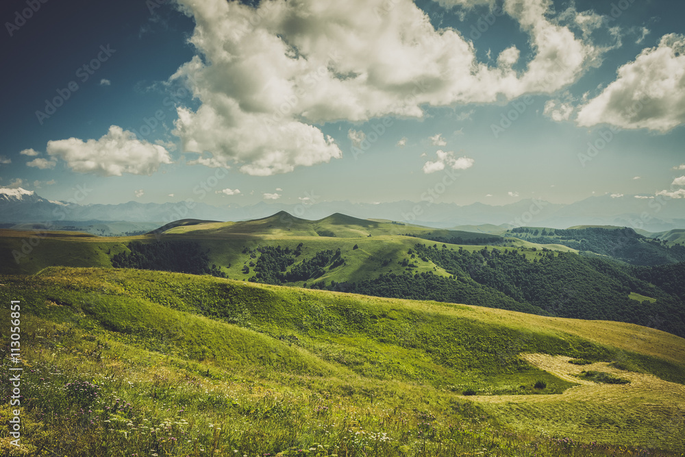 summer mountains landscape green grass and blue sky