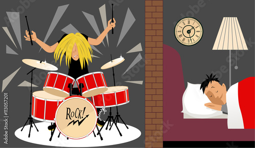 Man sleeping quietly in an adjusting room to a musician playing a drum set, illustration of soundproofing, EPS 8