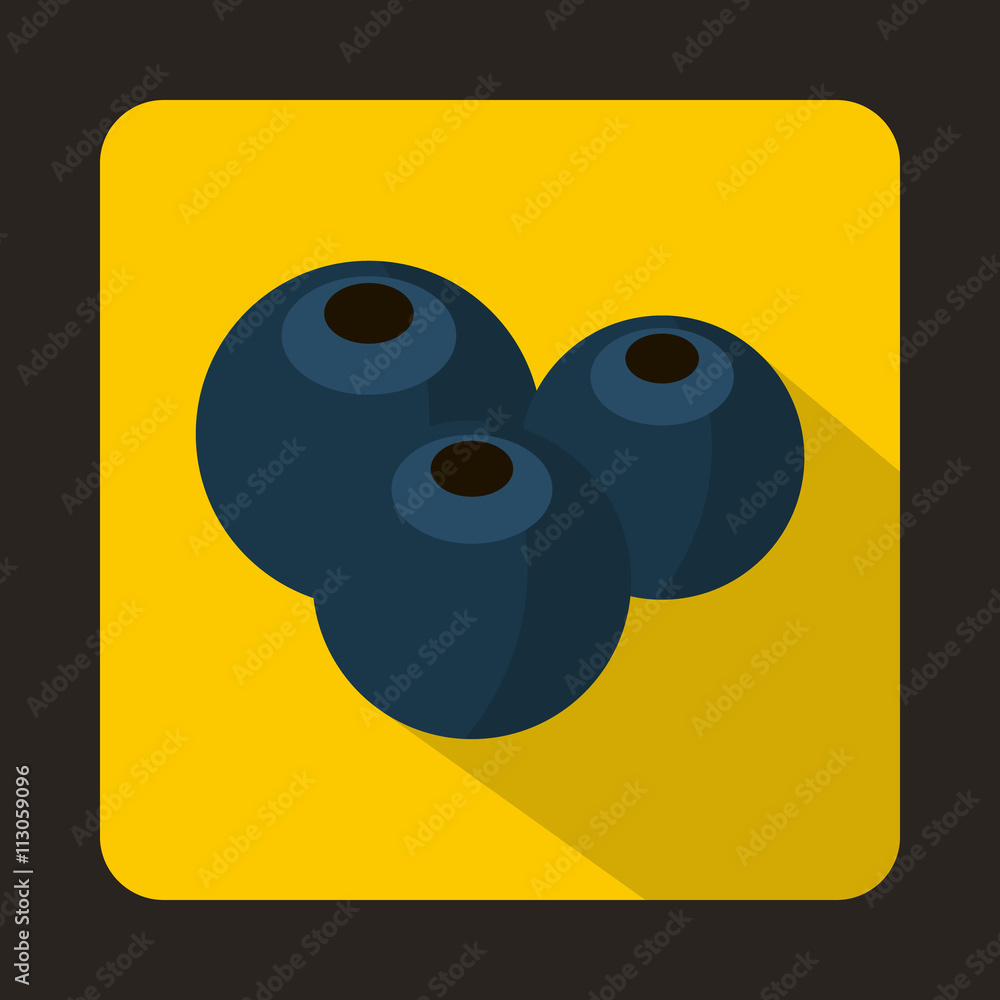 Ripe bilberries with green leaves icon, flat style Ripe bilberries with green leaves icon, flat style